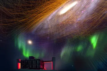 Forschungsstation im Eis mit Polarlichtern und Galaxie darüber