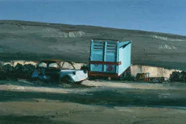 Gemälde einer öden Landschaft mit einem Autowrack und einem Container